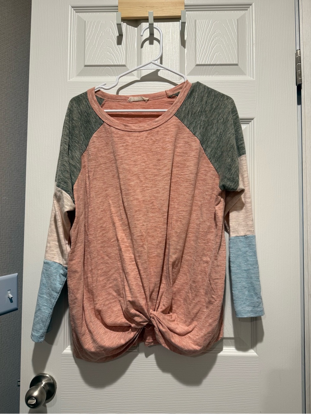 entro Colorblock Knot-Front Long Sleeve Top - Pink Green Cream Blue